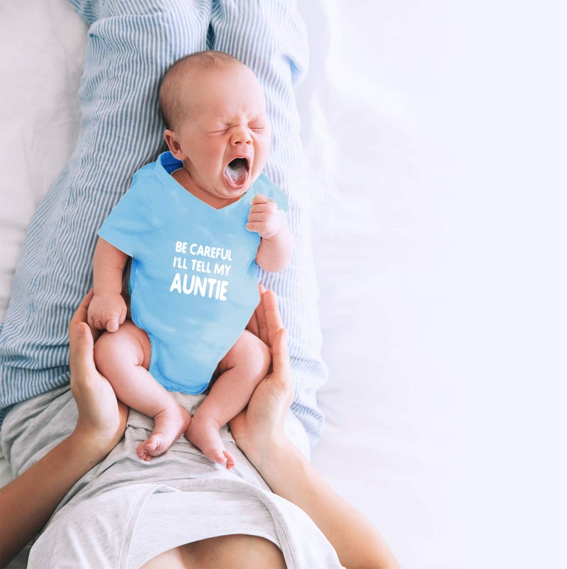 CBTwear Be Careful I'll Tell my Auntie - Baby Clothes - Funny Newborn Bodysuit Outfits for Boys and Girls (6 Months, Light Blue) - Image 2